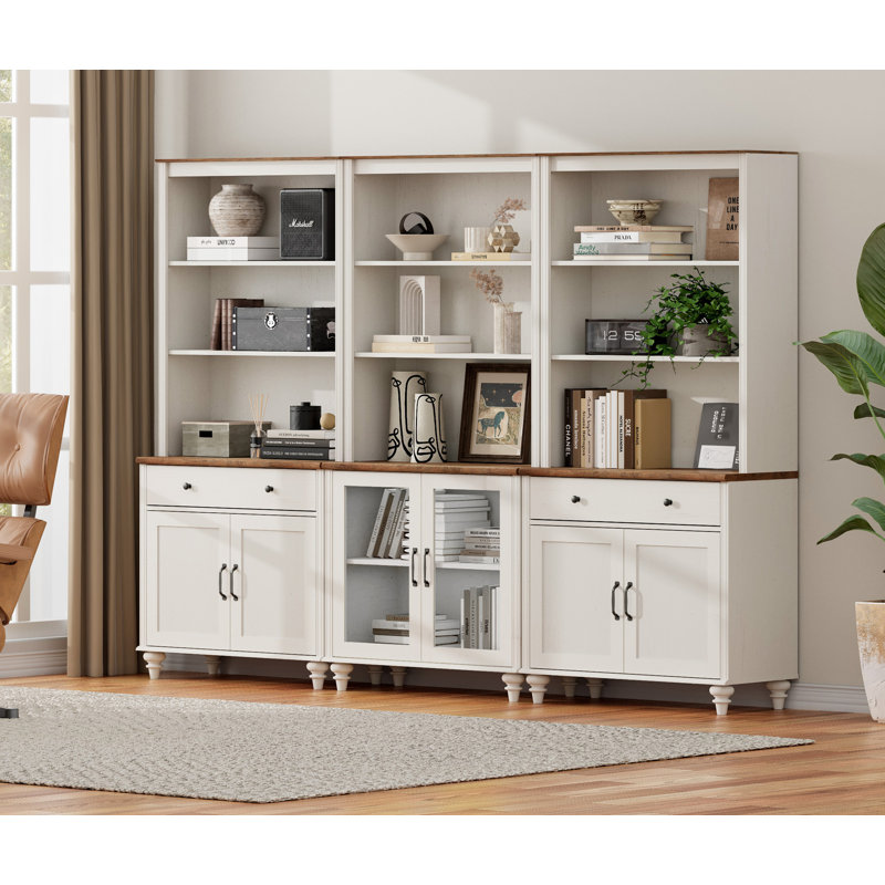 White Bookcase With 2 Drawers And 3 Cabinets Tall Book Case With 3 Tier Open Book Shelfs Large Wood Bookcases Farmhouse Bookshelves For Living Room